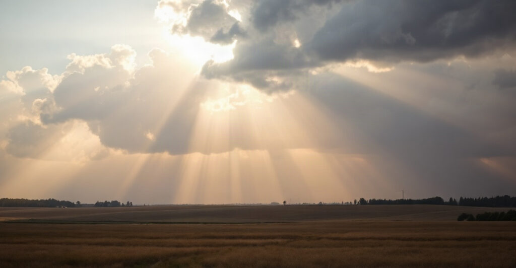 Light breaking through clouds over fields, praying for a financial miracle