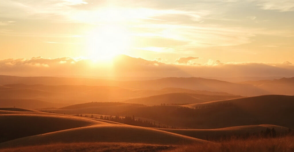 A wide steady sky over hills at golden hour, an image of the attributes of God