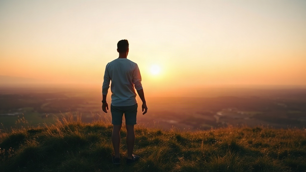 A person on a hilltop at sunrise, reflecting on the attributes of God