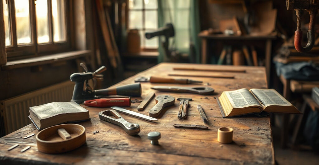 A Bible on a workbench with tools, Bible verses about hard work