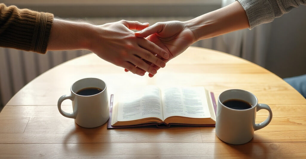 Two hands held together beside an open Bible, Bible verses about relationships