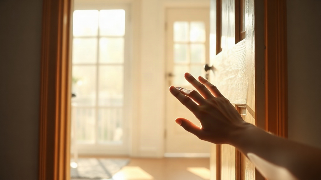Verses on the doorposts A hand resting on a sunlit doorframe, writing Bible verses on the doorposts of your house