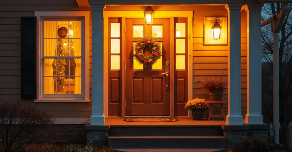 A warm glowing home entryway at golden hour, Bible verses for home and blessing your house