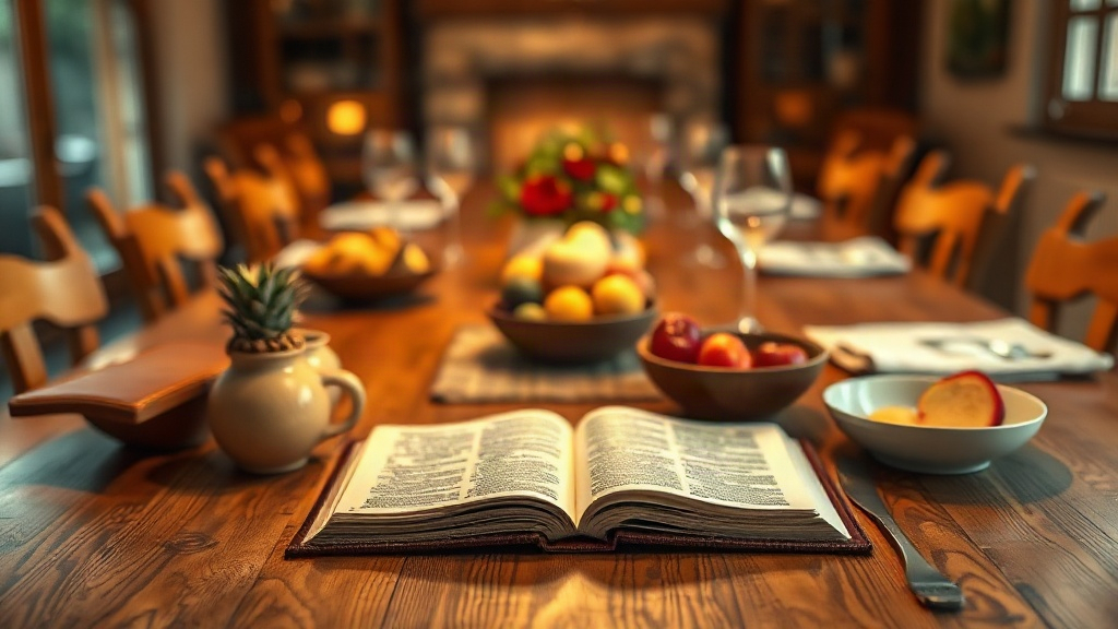 Verses around the table An open Bible on a family dinner table in lamplight, Bible verses about peace and love in your home