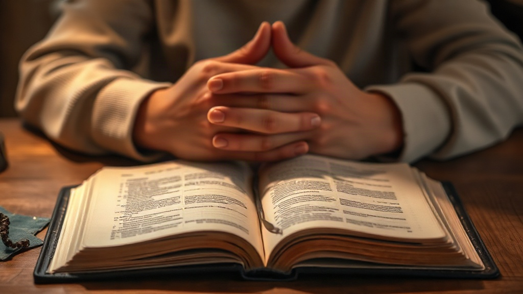 Hands folded over a Bible, praying verses of healing and strength for someone