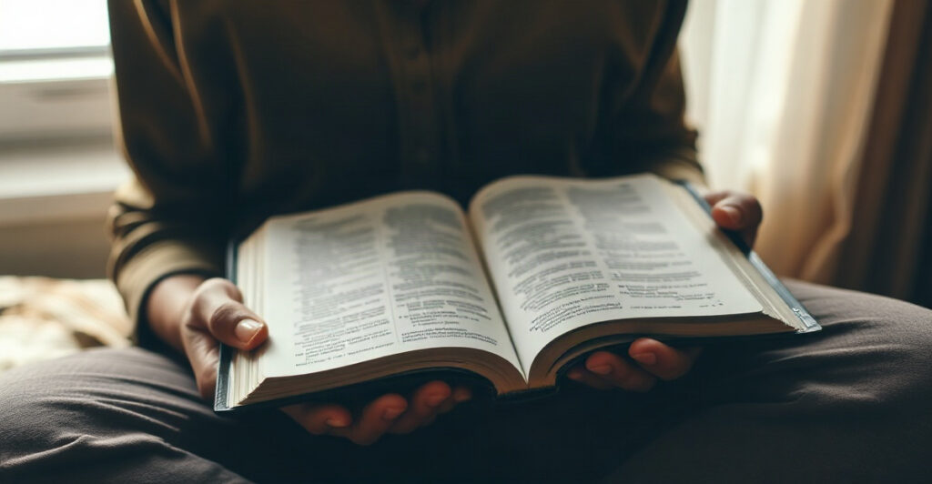 Holding an open Bible for strength in hard times