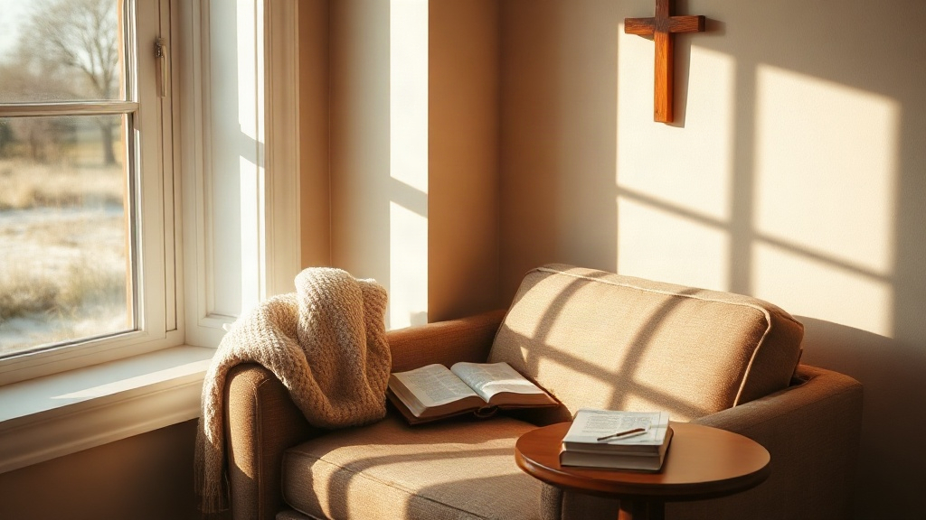 A worship corner with armchair, Bible and cross by a window, Christian theme room decor idea
