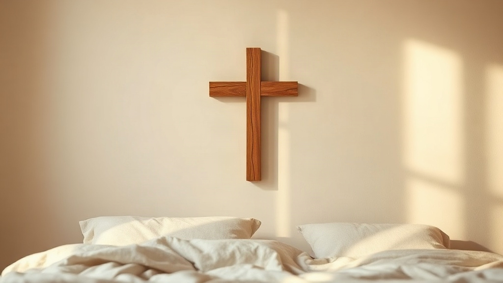 A wooden cross above a bed in morning light, a Christian theme focal point for a bedroom