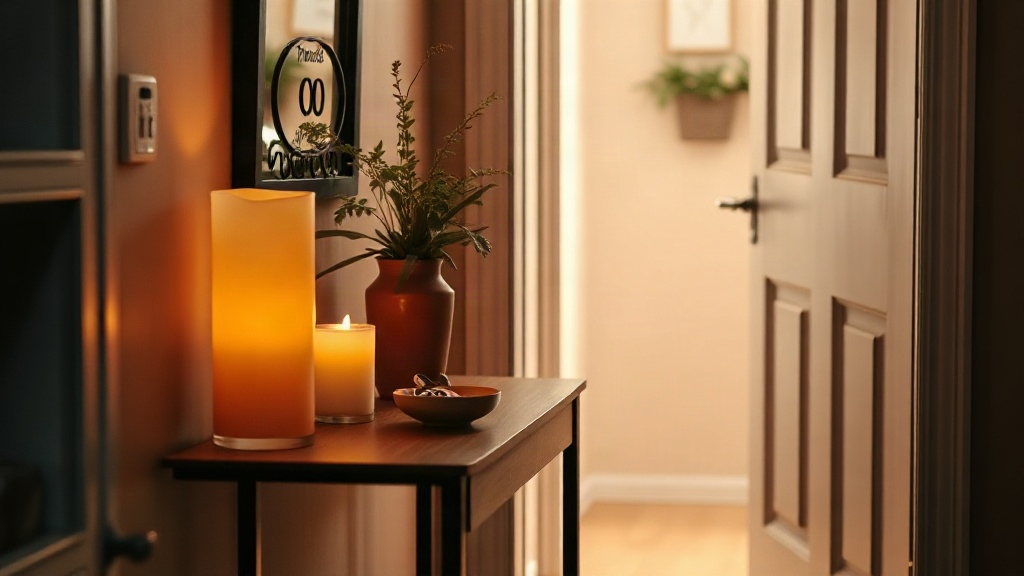 A welcoming entryway console with candle and bowl, Christian theme decor blessing every coming and going