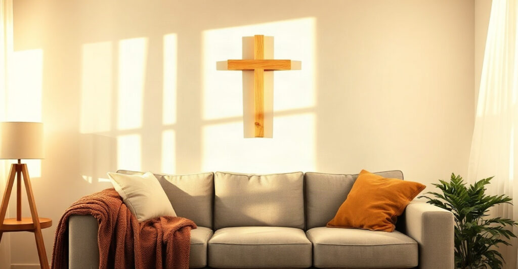 A living room with a wooden cross above the sofa, how to decorate a room with a Christian theme