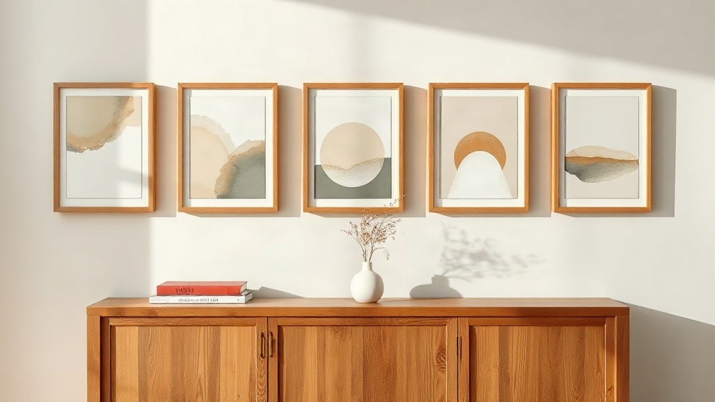 A gallery wall of framed prints above a console table, displaying Bible verses in a Christian home