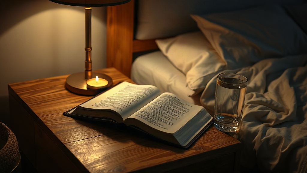 A nightstand with Bible and candle in soft lamplight, restful Christian theme bedroom decor
