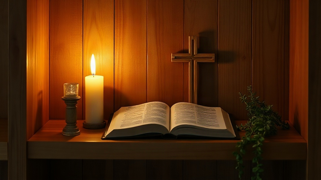 A styled faith shelf with Bible, candle, cross and plant, Christian theme decor for small spaces