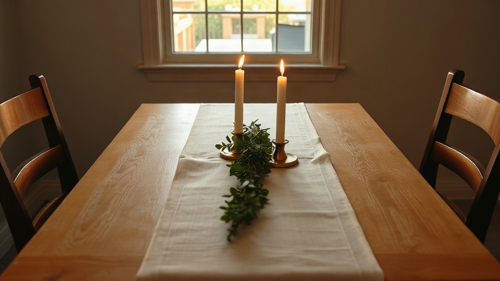 A dining table with candles and greenery, gratitude and Christian theme decor for the family table