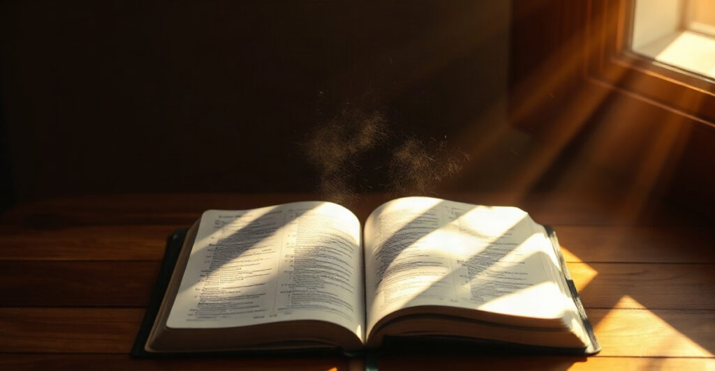 Open hands in sunlight over a Bible, receiving the gifts of the Holy Spirit