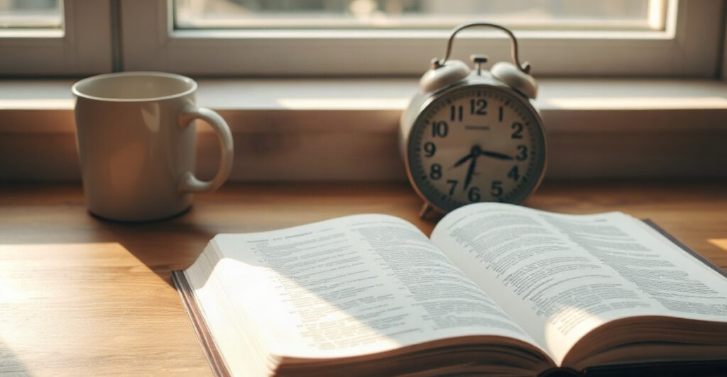 An open Bible beside a clock, showing how long it takes to read the Bible