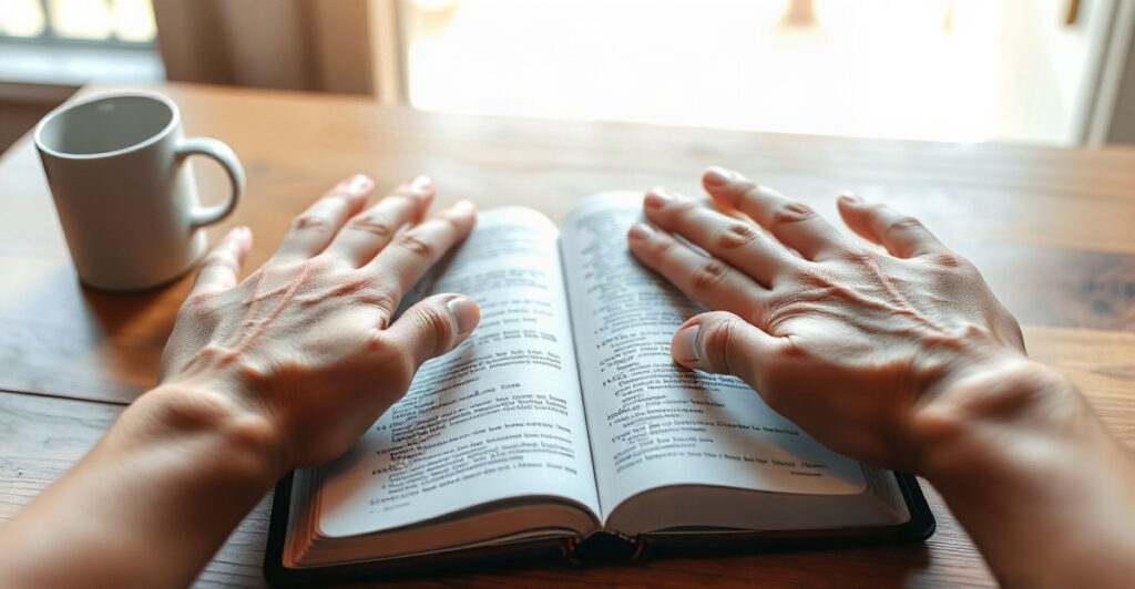 Open hands resting on a Bible, a simple picture of how to pray
