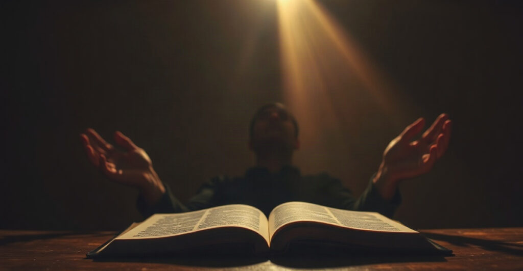 Hands lifted in worship with an open Bible, praying in tongues