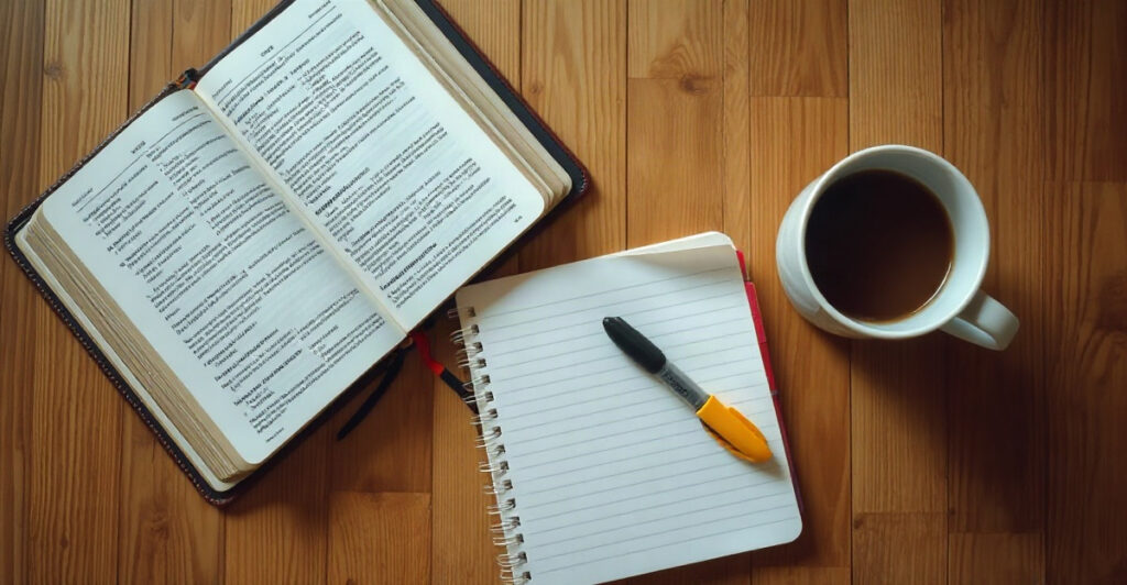 An open Bible, notebook, and pen set up to study the Bible