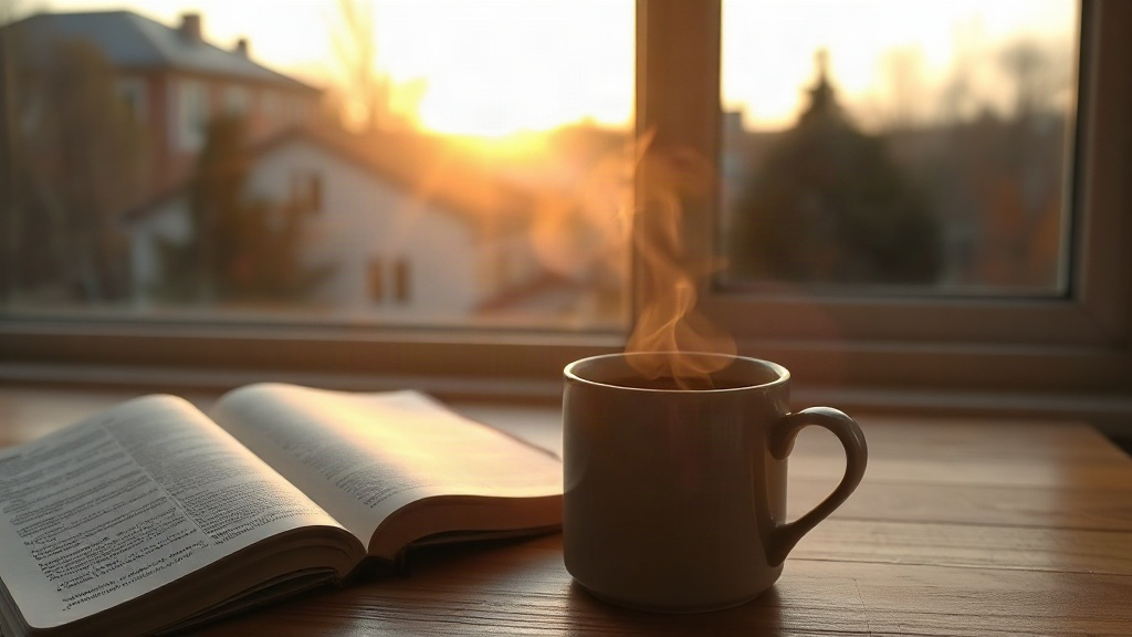 Coffee and Bible by a sunrise window, a morning one-minute prayer for money