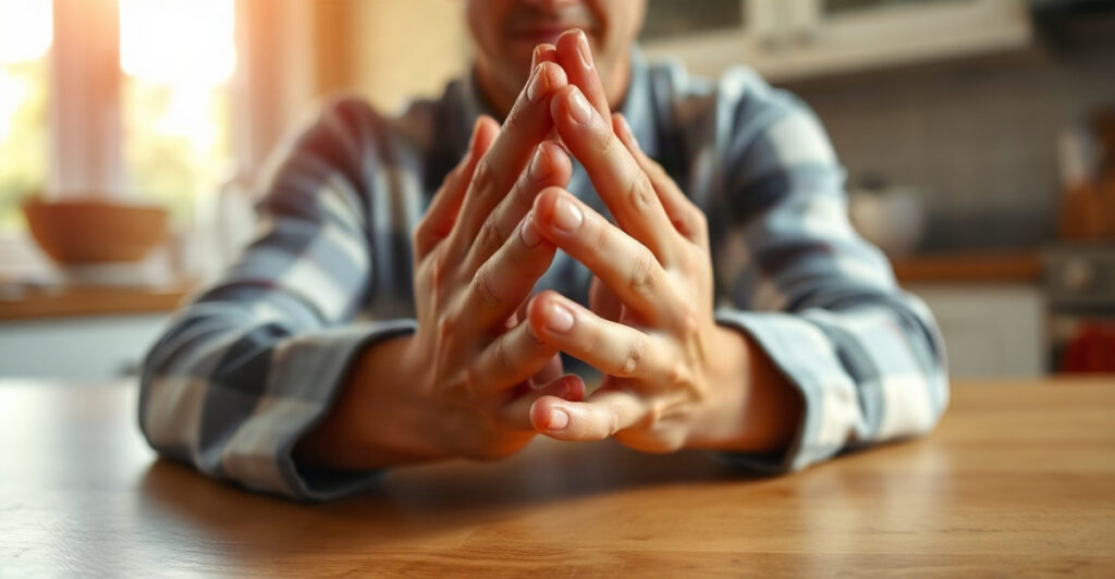 Hands clasped in prayer at a kitchen table, a one-minute prayer for money and financial peace