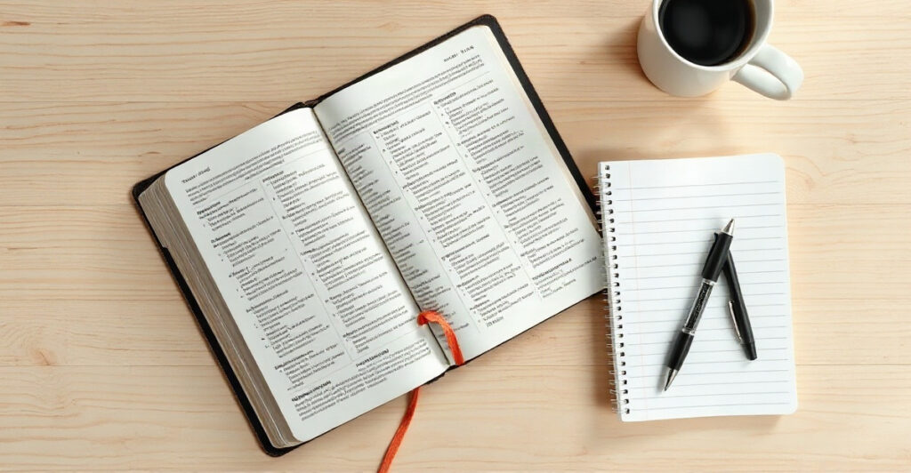 A Bible and notebook set up for a structured prayer time using a prayer acronym