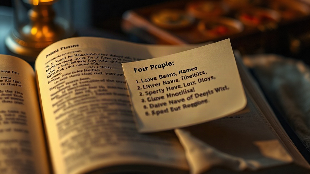 A prayer list in a Bible for praying for others with the BLESS acronym