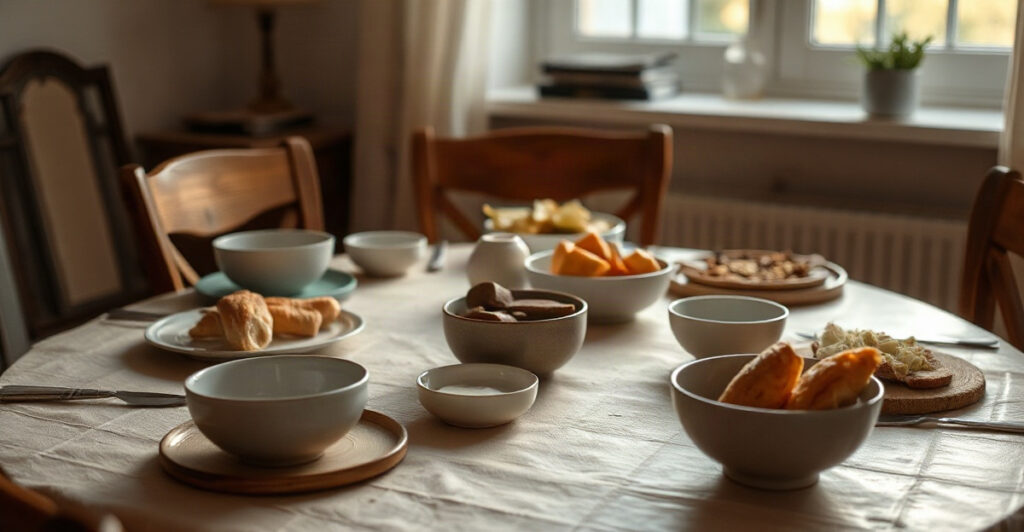 A simple family table with bread in warm light, a prayer for financial blessing and provision