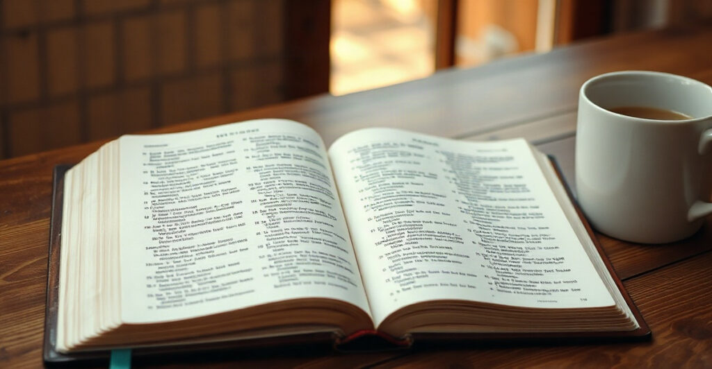 Open Bible and coffee mug in morning light, a prayer for God's financial favor