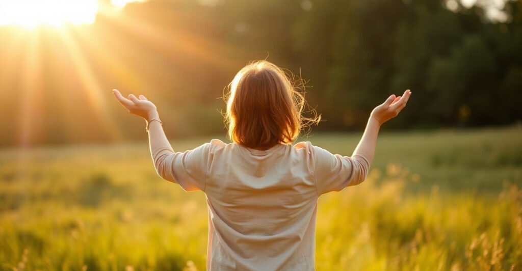 A person standing in a sunlit meadow with open arms, a prayer for unexpected money and financial blessing