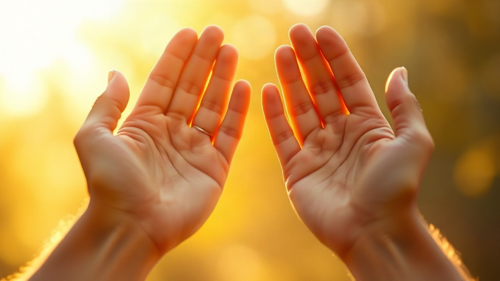 Open hands receiving light, praying for unexpected financial blessing