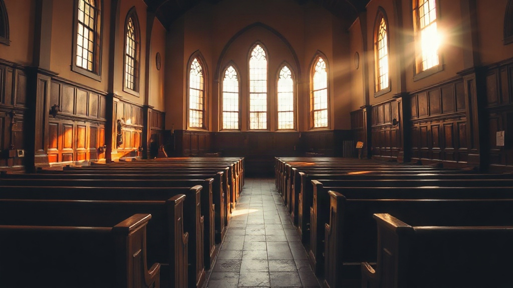 Where requests are prayed Golden light through church windows on quiet pews, sending a prayer request to a church prayer chain