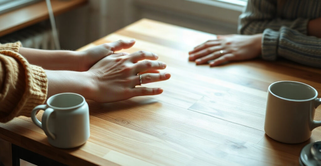Hands gently held in comfort across a wooden table, writing a prayer request for a friend