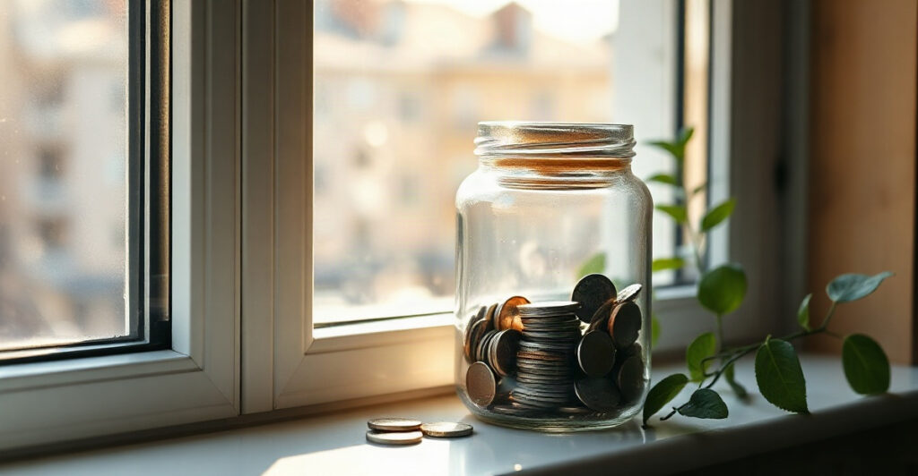 A jar of coins on a sunlit windowsill, a prayer for saving money and financial wisdom