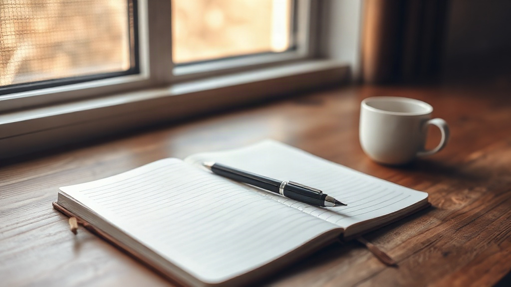 The monthly review A notebook and pen by a window, planning savings with prayer and financial wisdom