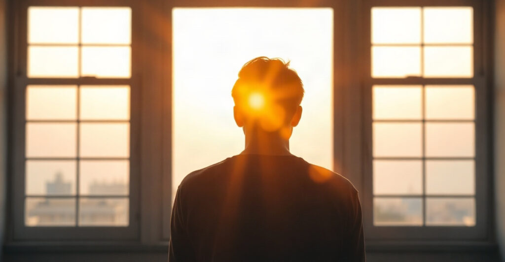 A person praying by a sunrise window, a prayer to clear debt and find financial freedom