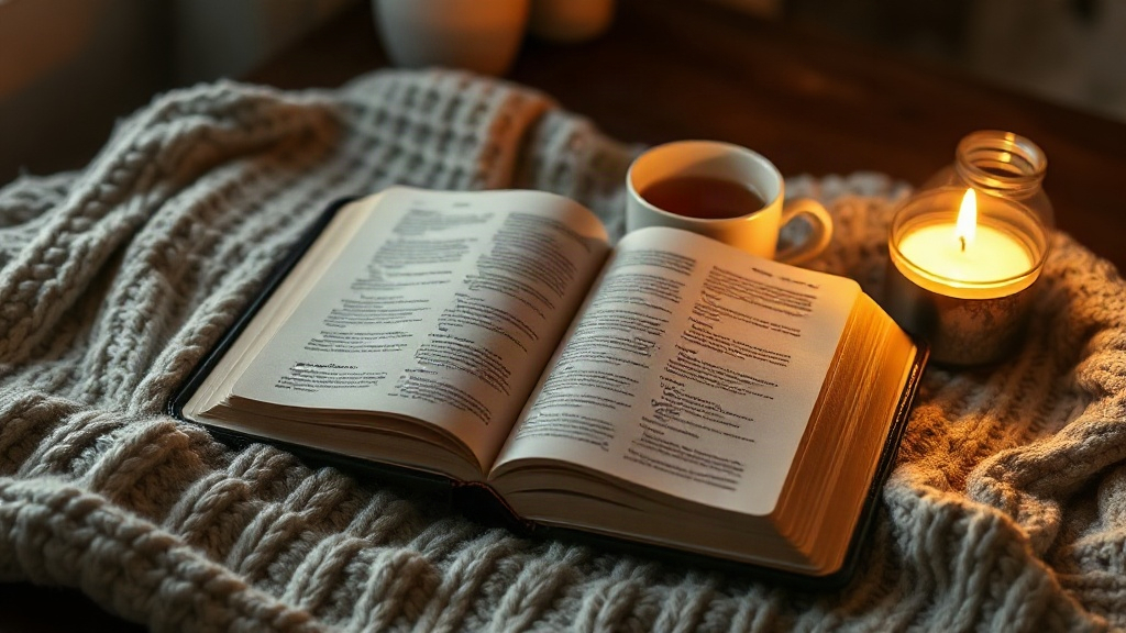 Comfort from the page An open Bible with tea and candle in lamplight, verses of comfort for anxious nights
