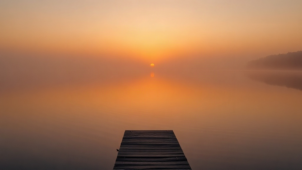 The peace that follows A calm lake at sunrise with a wooden dock, the peace of God after anxious prayers