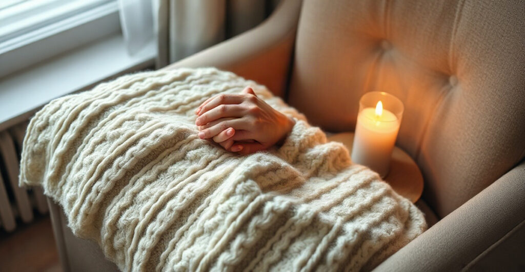 Clasped hands resting on a soft blanket in window light, short prayers for healing and strength