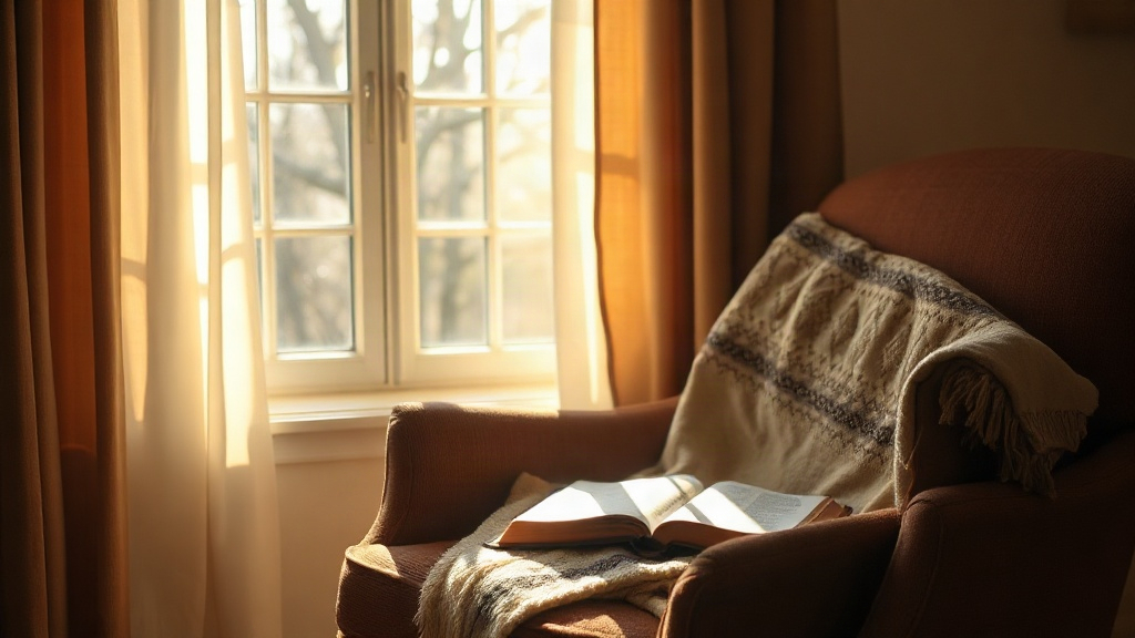 Morning sunlight on an armchair with a Bible, God renewing strength day by day
