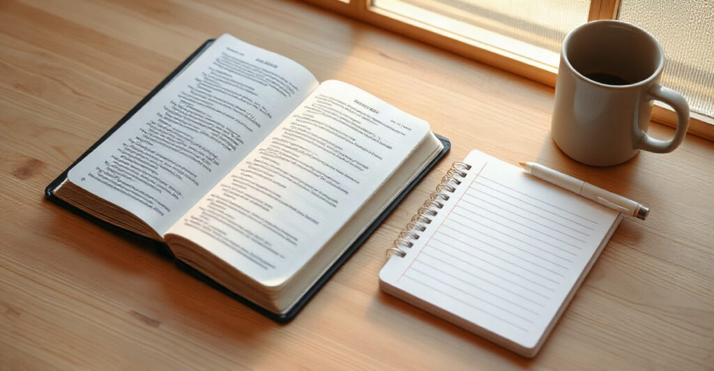 SOAP Bible study method setup with an open Bible, a notebook, and a pen in morning light