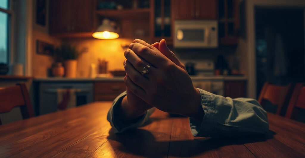 Hands clasped in prayer at dusk, an urgent prayer for financial need