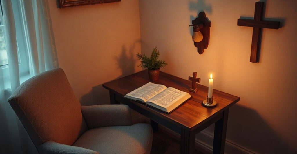 A cozy home prayer room with armchair, Bible, candle and cross, a war room prayer strategy