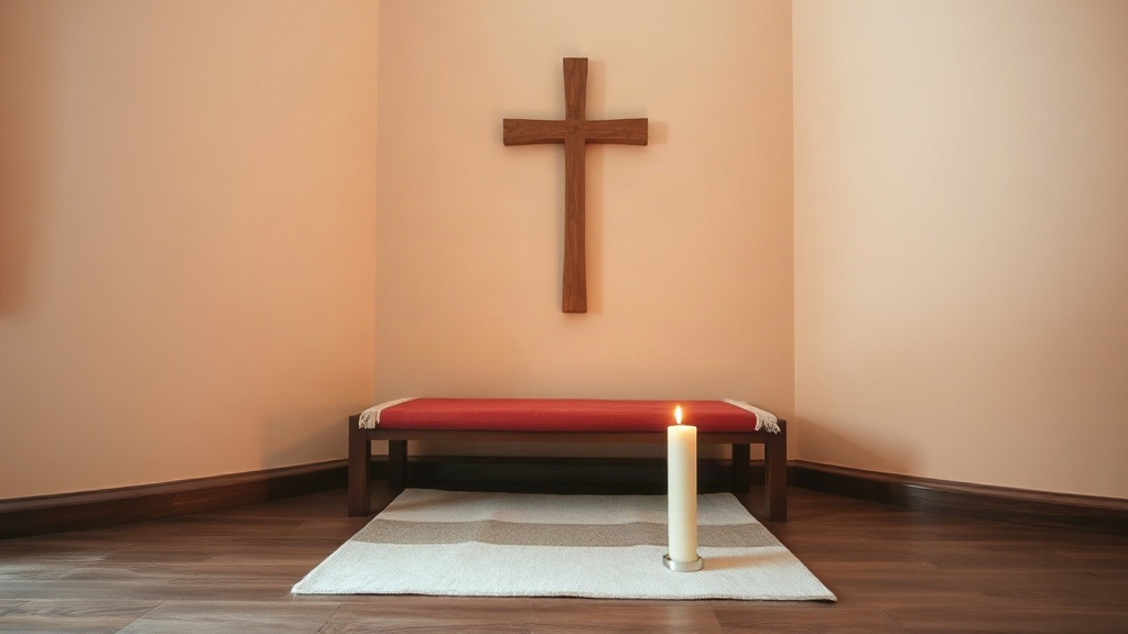 The kneeling corner A kneeling cushion and candle before a wooden cross, a prayer corner for a war room prayer strategy