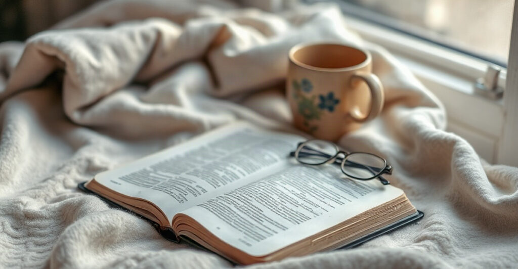 A Bible and a warm mug by a window, an inviting place to start reading the Bible